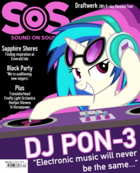 Size: 1297x1600 | Tagged: safe, artist:hfbn2, artist:metafour, dj pon-3, vinyl scratch, pony, unicorn, fanfic:a survey of the work of vinyl scratch (abbreviated), g4, fanfic, fanfic art, fanfic cover, female, glasses, headphones, hooves, horn, looking at you, magazine cover, mare, smiling, solo, sunglasses, teeth, text, turntable, vector