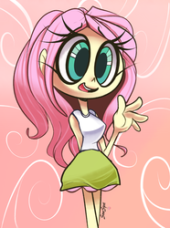Size: 1280x1717 | Tagged: safe, artist:sourspot, fluttershy, equestria girls, g4, big eyes, breasts, clothes, cute, female, open mouth, skirt, smiling, solo, waving