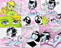 Size: 3217x2517 | Tagged: safe, artist:haruka takahashi, oc, oc only, oc:haruka takahashi, earth pony, pegasus, pony, bed, blushing, bubble, drool, female, funny, heart, high res, male, mare, pillow, stallion, thought bubble, traditional art