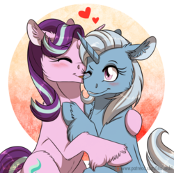 Size: 800x792 | Tagged: safe, artist:inuhoshi-to-darkpen, starlight glimmer, trixie, pony, unicorn, g4, :p, blushing, cheek fluff, cute, diatrixes, duo, ear fluff, eyes closed, female, floppy ears, fluffy, glimmerbetes, grin, heart, hug, lesbian, licking, one eye closed, patreon, patreon logo, ship:startrix, shipping, simple background, smiling, tongue out, transparent background, unshorn fetlocks, wink