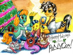 Size: 7128x5400 | Tagged: safe, artist:invalid-david, oc, oc only, oc:bowtie, oc:cabbie, oc:liberty, oc:sans serif, absurd resolution, bathrobe, bed hair, christmas, christmas morning, christmas tree, clothes, crossover, happy holidays, holiday, my neighbor totoro, painting, ponycon, present, robe, totoro, traditional art, tree, watercolor painting