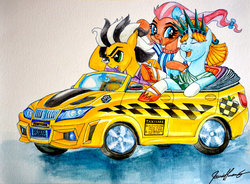 Size: 900x664 | Tagged: safe, artist:invalid-david, oc, oc only, oc:bowtie, oc:cabbie, oc:liberty, bmw, car, driving, painting, ponycon 2015, ponycon nyc, taxi, taxi driver, traditional art, watercolor painting