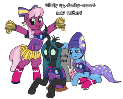 Size: 1280x1033 | Tagged: safe, artist:mkogwheel, cheerilee, queen chrysalis, trixie, pony, unicorn, g4, 4chan, 4chan cup, buried, cheerileeder, cheerleader, cheeselegs, depressed, drunk, female, giddy up, gravestone, helmet, mare, resurrection, simple background, suicide trixie, surprised, transparent background