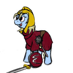 Size: 768x768 | Tagged: safe, artist:thebathwaterhero, oc, oc only, oc:sunny days, earth pony, pony, series:entrapment, child, clothes, cyoa, female, filly, foal, gladiator, helmet, mace, shield, simple background, slave, smirk, smug, solo, sword, tunic, weapon