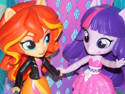 Size: 1280x960 | Tagged: safe, artist:bitterbuttercups, sunset shimmer, twilight sparkle, equestria girls, g4, clothes, doll, dress, equestria girls minis, fall formal outfits, female, holding hands, lesbian, looking at each other, ship:sunsetsparkle, shipping, skirt, toy, twilight ball dress