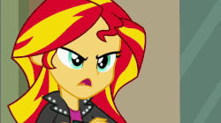 Size: 600x337 | Tagged: safe, artist:paragonaj, edit, edited screencap, screencap, sunset shimmer, equestria girls, equestria girls (movie), :p, animated, derp, evil grin, face, faic, female, gif, glare, grin, silly, silly face, silly human, smiling, smirk, solo, tongue out, wall eyed, wat, zoom in