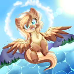 Size: 1024x1024 | Tagged: safe, artist:pvrii, oc, oc only, oc:heavenly hazelnut, pegasus, pony, cute, female, flying, happy, looking at you, mare, smiling, solo, spread wings, sun, water
