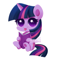 Size: 700x700 | Tagged: safe, artist:exceru-karina, twilight sparkle, pony, g4, book, bookhorse, chibi, cute, female, looking at you, simple background, sitting, smiling, solo, that pony sure does love books, tongue out, transparent background, twiabetes, underhoof, watermark