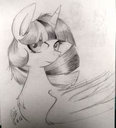 Size: 2891x3176 | Tagged: safe, artist:daisy-dictator, twilight sparkle, alicorn, pony, g4, black and white, chest fluff, female, grayscale, high res, monochrome, solo, traditional art, twilight sparkle (alicorn)