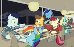 Size: 3889x2512 | Tagged: safe, artist:rapidstrike, caramel, minuette, rainbow dash, roseluck, sassaflash, soarin', thunderlane, earth pony, pegasus, pony, unicorn, g4, background pony, clothes, diner, eating, female, high res, loss (meme), male, mare, old cutie mark, one eye closed, puffy cheeks, restaurant, stallion, wink