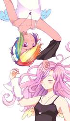 Size: 600x1024 | Tagged: safe, artist:161141, fluttershy, rainbow dash, human, g4, armpits, clothes, female, humanized, lesbian, ship:flutterdash, shipping, smiling, tank top, upside down