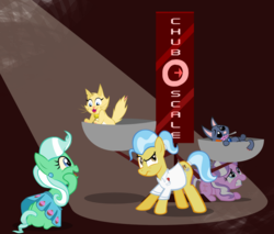 Size: 800x681 | Tagged: safe, artist:magerblutooth, diamond tiara, doctor fauna, oc, oc:aunt spoiled, oc:dazzle, oc:peal, pony, comic:diamond and dazzle, g4, butt, chubby, female, filly, foal, mare, plot, scale, weight