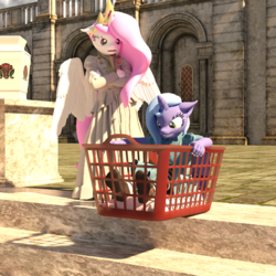 Size: 2000x2000 | Tagged: safe, artist:tahublade7, princess celestia, princess luna, alicorn, anthro, plantigrade anthro, g4, 3d, bad idea, basket, cewestia, clothes, cravat, cute, daz studio, dress, filly, gown, high res, laundry basket, pillow, pink-mane celestia, shoes, socks, striped socks, this will end in pain, this will end in tears, woona, young, younger