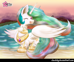 Size: 1197x1000 | Tagged: safe, artist:clouddg, princess celestia, pony, g4, cute, cutelestia, female, lake, looking at you, missing accessory, one eye closed, open mouth, sand, smiling, solo, wink