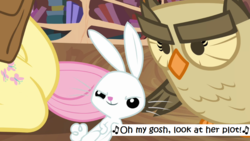 Size: 1016x574 | Tagged: safe, edit, edited screencap, screencap, angel bunny, fluttershy, owlowiscious, pony, g4, just for sidekicks, my little pony: friendship is magic, angel is a bunny bastard, butt, caption, flutterbutt, plot, screencap comic, sing (movie)