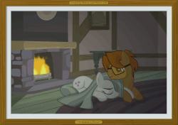 Size: 1080x760 | Tagged: safe, artist:misteraibo, marble pie, oc, oc:bn king, g4, animated, blushing, canon x oc, cute, fire, fireplace, gif, glasses, male, memory lane pictures, picture frame, prone, shipping, snuggling, straight, table