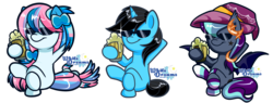Size: 3496x1332 | Tagged: safe, artist:xwhitedreamsx, oc, oc only, oc:andrea, oc:witch hunt, bat pony, earth pony, pegasus, pony, bow, cider, clothes, crossed legs, female, hair bow, hat, mare, mug, simple background, socks, striped socks, sunglasses, transparent background, witch hat