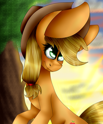 Size: 1024x1229 | Tagged: safe, artist:fizzy2014, applejack, earth pony, pony, g4, anatomically incorrect, female, impossibly large ears, solo, sunrise, tree