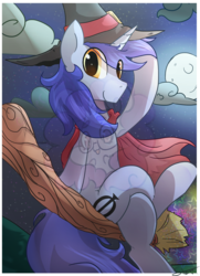 Size: 2901x4000 | Tagged: safe, artist:silverknight27, oc, oc only, oc:aeon of dreams, pony, unicorn, broom, cape, clothes, cloud, crossed legs, flying, flying broomstick, full moon, hat, looking at you, male, moon, night, night sky, sky, solo, stallion, watermark, windswept mane, witch, witch hat