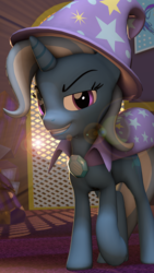 Size: 1125x2000 | Tagged: safe, artist:vinuldash, trixie, pony, unicorn, g4, 3d, clothes, female, flag of equestria, lens flare, mare, smirk, solo, trixie's cape, trixie's hat, walking