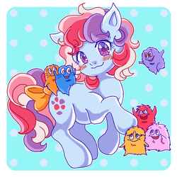 Size: 1160x1160 | Tagged: safe, artist:tsukuda, sweet stuff, bushwoolie, earth pony, pony, g1, my little pony 'n friends, blushing, bow, cute, female, jumping, pixiv, riding, smiling, solo, sweet sweet stuff