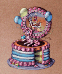 Size: 710x850 | Tagged: safe, artist:moth-doll, pinkie pie, pony, g4, animated, balloon, blinking, cake, cupcake, female, food, gif, music box, solo, sugarcube corner