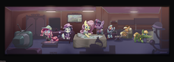Size: 8928x3171 | Tagged: safe, artist:ivyredmond, applejack, fluttershy, pinkie pie, rainbow dash, rarity, twilight sparkle, oc, oc:applesnack, earth pony, pegasus, pony, unicorn, fallout equestria, g4, absurd resolution, drugs, fanfic, fanfic art, female, hat, hooves, horn, male, mane six, mare, mentats, ministry mares, mint-als, open mouth, party time mintals, refrigerator, spread wings, stallion, television, wings