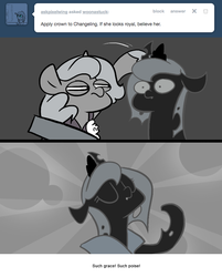 Size: 666x830 | Tagged: safe, artist:egophiliac, princess luna, oc, oc:imogen, oc:pebbl, changeling, changeling queen, moonstuck, g4, cartographer's cap, changeling oc, changeling queen oc, crown, female, filly, grayscale, hat, jewelry, majestic, marauder's mantle, monochrome, moon roc, regalia, woona, woonoggles, younger