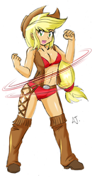 Size: 1500x2881 | Tagged: safe, artist:danmakuman, applejack, human, equestria girls, g4, bikini, breasts, cleavage, clothes, costume, cowgirl, female, simple background, solo, stupid sexy applejack, swimsuit, white background