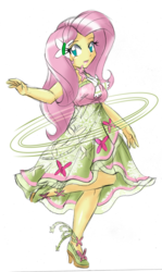 Size: 1834x3072 | Tagged: safe, artist:danmakuman, fluttershy, human, equestria girls, g4, clothes, costume, dress, female, legs, simple background, solo, white background