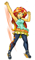 Size: 1759x2997 | Tagged: safe, artist:danmakuman, sunset shimmer, human, equestria girls, g4, armpits, breasts, busty sunset shimmer, clothes, costume, female, pantyhose, simple background, solo, white background
