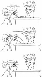 Size: 1024x1862 | Tagged: safe, artist:whisperseas, flash sentry, oc, oc:nebula swirl, pegasus, pony, unicorn, g4, bread, comic, dad joke, father and daughter, female, floppy ears, food, horn, horn impalement, mare, monochrome, offspring, parent:flash sentry, parent:twilight sparkle, parents:flashlight