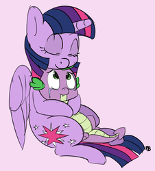 Size: 1280x1419 | Tagged: safe, artist:pabbley, color edit, edit, spike, twilight sparkle, alicorn, dragon, pony, g4, colored, crying, hug, mama twilight, pink background, simple background, spikelove, tears of joy, twilight sparkle (alicorn)