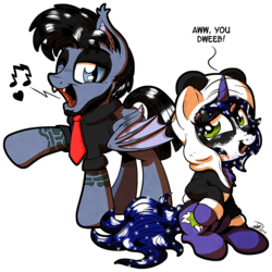 Size: 1792x1791 | Tagged: safe, artist:gray--day, artist:kinjareta, oc, oc only, oc:asterisk, oc:gray day, bat pony, panda, pony, unicorn, billie joe armstrong, clothes, costume, green day, hoodie, music notes, singing