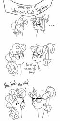 Size: 1024x2048 | Tagged: safe, artist:whisperseas, oc, oc only, oc:nebula swirl, oc:taffy twirl, pony, unicorn, ..., banner, comic, eyebrows, female, mare, monochrome, offspring, parent:flash sentry, parent:party favor, parent:pinkie pie, parent:twilight sparkle, parents:flashlight, parents:partypie