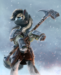 Size: 1235x1500 | Tagged: safe, artist:nemo2d, oc, oc only, pony, armor, bipedal, commission, crossover, hammer, looking away, male, skyrim, snow, snowfall, solo, stallion, the elder scrolls, war hammer, weapon