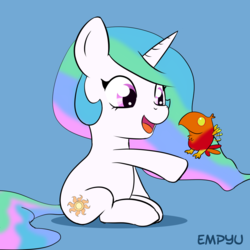 Size: 1000x1000 | Tagged: safe, artist:empyu, philomena, princess celestia, phoenix, g4, 30 minute art challenge, blue background, cewestia, cute, cutelestia, duo, filly, open mouth, simple background, sitting, wingless, younger
