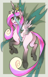 Size: 800x1275 | Tagged: safe, artist:kolshica, princess cadance, queen chrysalis, alicorn, changeling, changeling queen, pony, g4, blank flank, butt, crown, female, fusion, jewelry, looking at you, open mouth, plot, regalia, solo, spread wings