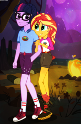 Size: 1871x2858 | Tagged: safe, artist:asika-aida, sci-twi, sunset shimmer, twilight sparkle, equestria girls, g4, legend of everfree, art trade, campfire, clothes, converse, dusk shine, equestria guys, glasses, half r63 shipping, male, mountain, night, rule 63, sci-dusk, sciduskshimmer, ship:duskshimmer, ship:sci-twishimmer, ship:sunsetsparkle, shipping, shirt, shoes, shorts, smiling, stars, straight