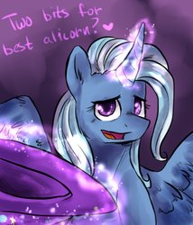 Size: 827x965 | Tagged: safe, artist:not-ordinary-pony, trixie, alicorn, pony, g4, alicornified, begging, curved horn, dialogue, female, heart, horn, levitation, looking at you, magic, open mouth, race swap, solo, spread wings, telekinesis, trixie's hat, trixiecorn