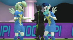 Size: 1409x790 | Tagged: safe, high winds, vapor trail, changeling, anthro, g4, /mlp/, 3d, 4chan, 4chan cup, football, giddy up, pro evolution soccer, referee, wonderbolts