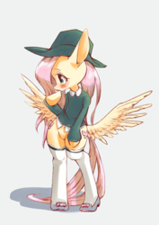 Size: 1447x2039 | Tagged: safe, artist:unousaya, fluttershy, pony, big ears, bipedal, blushing, butt wings, clothes, female, gray background, hat, looking at something, looking away, raised hoof, shirt, simple background, socks, solo, spread wings, stockings, thigh highs