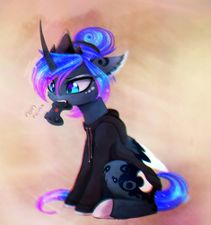 Size: 1539x1634 | Tagged: safe, artist:magnaluna, princess luna, pony, gamer luna, g4, alternate hairstyle, chromatic aberration, clothes, colored pupils, crown, curved horn, cute, ear fluff, fangs, female, galaxy mane, hair bun, hoodie, horn, jewelry, lunabetes, nom, regalia, sitting, solo, sweater, video game