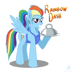 Size: 3000x3000 | Tagged: safe, artist:truffle shine, rainbow dash, pegasus, pony, g4, alternate hairstyle, apron, clothes, cosplay, costume, crossover, diner dash, female, flo (diner dash), food, grin, high res, hoof hold, looking at you, mare, ponytail, pun, signature, simple background, smiling, smirk, solo, spread wings, transparent background, video game, waitress, wings