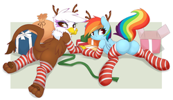 Size: 2610x1510 | Tagged: safe, artist:grumblepluck, edit, gilda, rainbow dash, griffon, pegasus, pony, g4, bedroom eyes, butt, clothes, duo, explicit source, featureless crotch, female, gildonk, leg warmers, looking at you, looking back, mare, paws, plot, plot pair, present, presenting, prone, raised tail, sfw edit, smiling, socks, sploot, striped socks, tail
