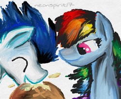 Size: 800x655 | Tagged: safe, artist:neonspirit17, rainbow dash, soarin', pony, g4, food, male, painting, pie, ship:soarindash, shipping, straight, that pony sure does love pies