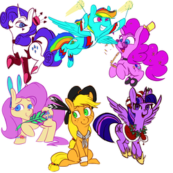 Size: 1000x1000 | Tagged: safe, artist:helloiamyourfriend, applejack, fluttershy, pinkie pie, rainbow dash, rarity, twilight sparkle, alicorn, pony, g4, christmas, clothes, drawthread, easter, independence day, leotard, mane six, new year, no catchlights, simple background, thanksgiving, twilight sparkle (alicorn), valentine's day, white background