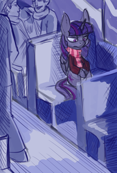 Size: 2362x3496 | Tagged: safe, artist:helloiamyourfriend, twilight sparkle, alicorn, human, pony, g4, clothes, coat, female, frown, high res, lidded eyes, lonely, looking down, mare, sad, scarf, sitting, sketch, solo focus, train, twilight sparkle (alicorn)