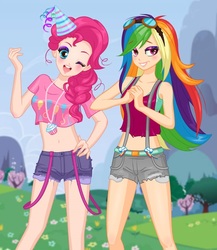Size: 667x767 | Tagged: safe, artist:niteowlx, pinkie pie, rainbow dash, human, g4, clothes, cupcake, food, hat, humanized, jewelry, necklace, one eye closed, party hat, shorts, suspenders, wink