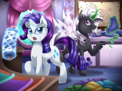 Size: 1500x1125 | Tagged: safe, artist:vavacung, part of a set, rarity, changeling, g4, carousel boutique, changeling counterpart series, changelingified, duo, duo female, eyeshadow, fabric, female, glowing horn, horn, looking back, magic, makeup, needle, open mouth, part of a series, raised hoof, rariling, scissors, self paradox, species swap, white changeling